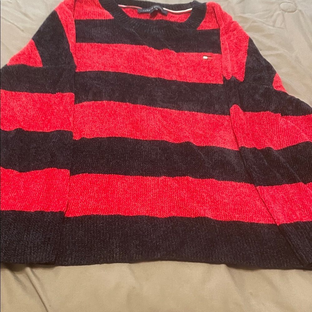 Tommy Hilfiger Men's Red and Black Striped Sweater